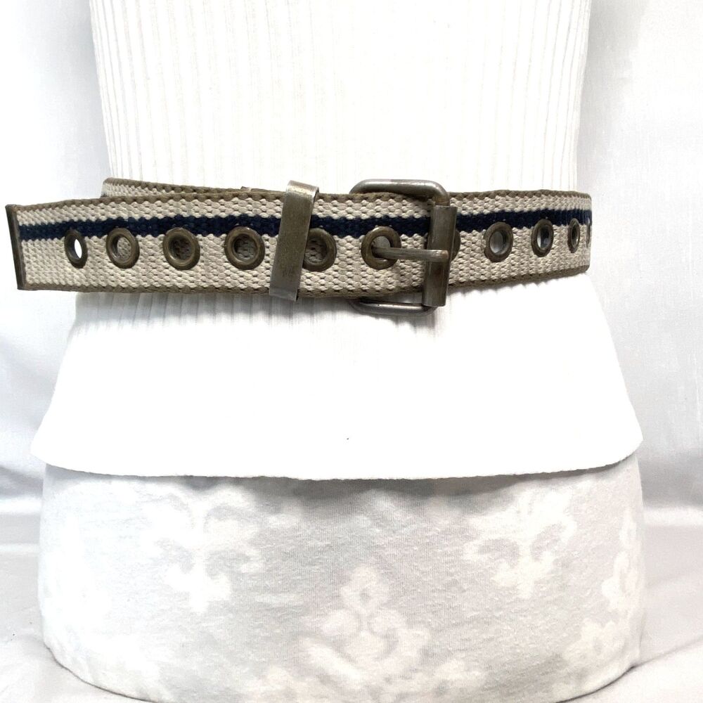 💎Rugged Canvas Belt Small Medium Waist Textured Beige With Blue Stripe Grommets